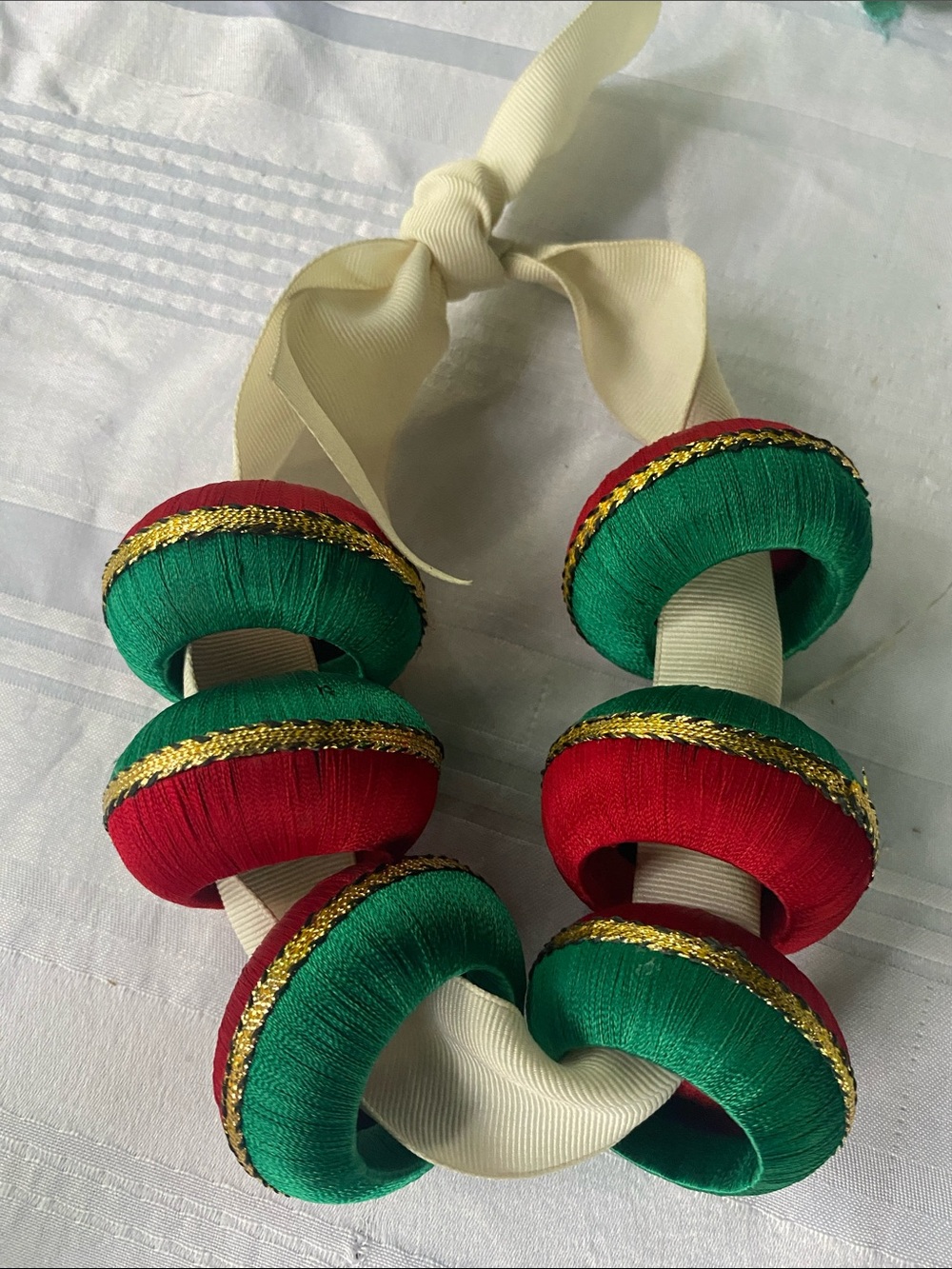 Handmade Green & Red Silk Ribbon Statement Necklace